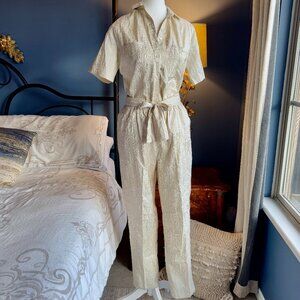 Vintage 80s Beige Crinkle Buttoned Shirt and Pants Set